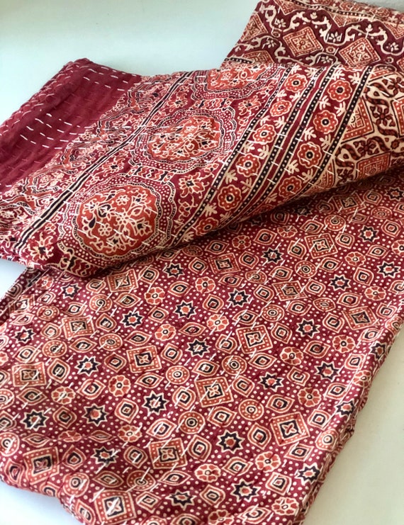 Red Burgundy Cotton Kantha Quilt Queen Bedding Coverlet | Etsy