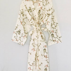 Bird Print, Floral Robe, Cotton Robe, Cotton Kimono, Womens Robe, Bridal Robe, Bridesmaid Robe, Duster, Beach Coverup, Maternity Robe, image 5