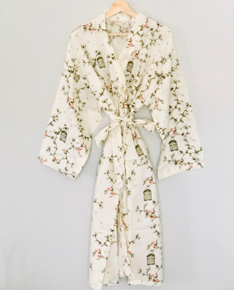 Bird Print, Floral Robe, Cotton Robe, Cotton Kimono, Womens Robe, Bridal Robe, Bridesmaid Robe, Duster, Beach Coverup, Maternity Robe, image 5