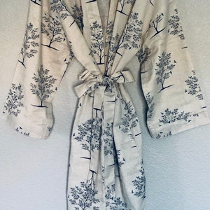 Cotton Robe, Cotton Kimono, Cotton Mens Robe, Cotton Womens Robe, Tree Bird Print, Cotton Flax, Unisex Robe, Bridal Robe, Bridesmaid Robe image 4