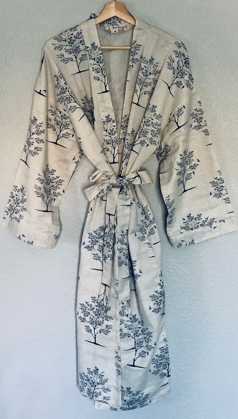 Cotton Robe, Cotton Kimono, Cotton Mens Robe, Cotton Womens Robe, Tree Bird Print, Cotton Flax, Unisex Robe, Bridal Robe, Bridesmaid Robe image 4