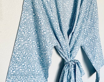 Blue Robe, Floral Robe, Cotton Robe, Cotton Kimono, Mens Robe,  Womens Robe, Bridal Robe, Bridesmaid Robe, Beach Coverup, Maternity Robe,