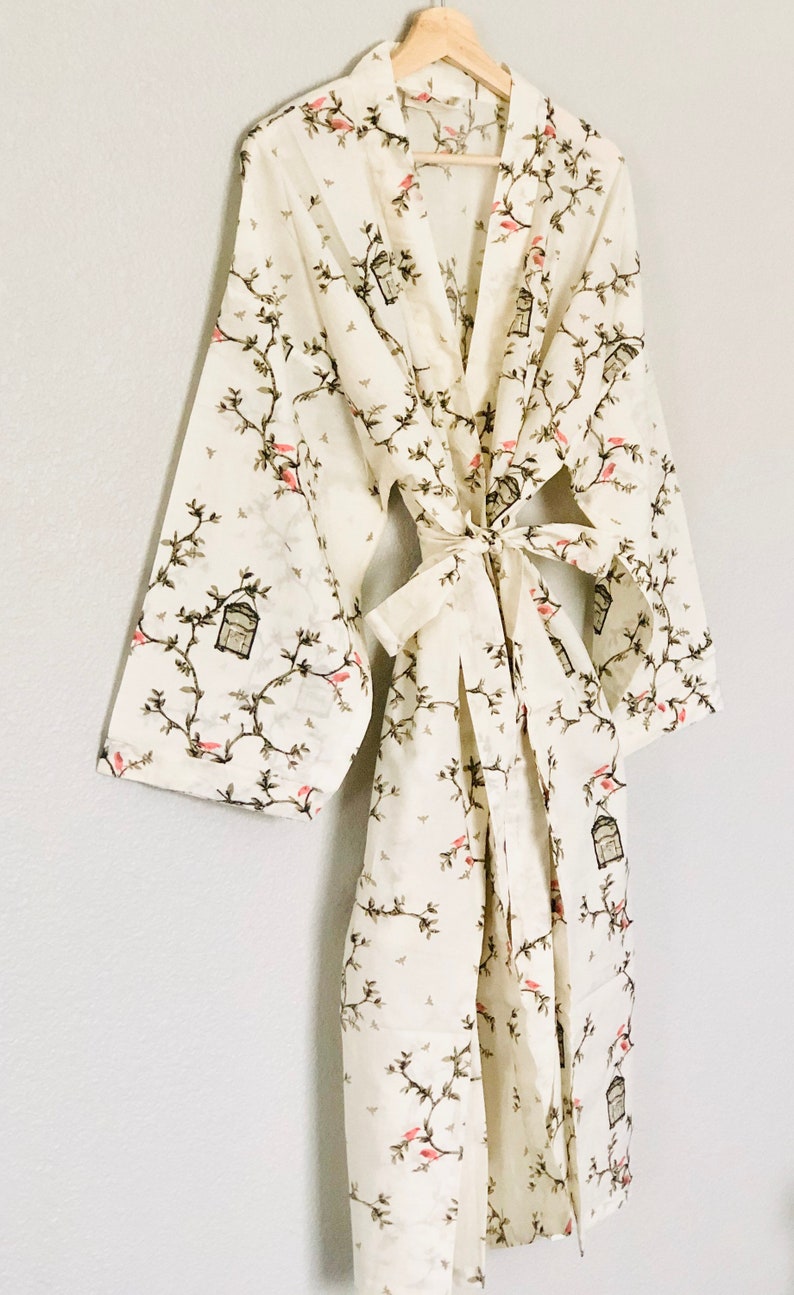 Bird Print, Floral Robe, Cotton Robe, Cotton Kimono, Womens Robe, Bridal Robe, Bridesmaid Robe, Duster, Beach Coverup, Maternity Robe, image 4