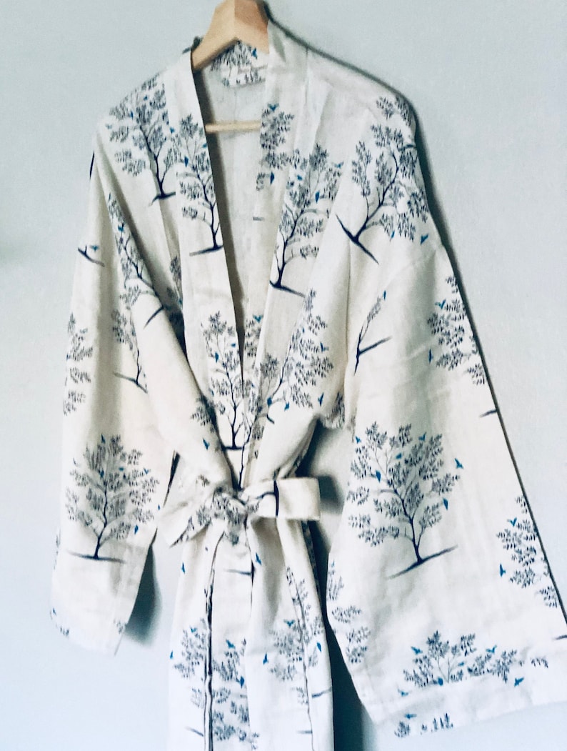 Cotton Robe, Cotton Kimono, Cotton Mens Robe, Cotton Womens Robe, Tree Bird Print, Cotton Flax, Unisex Robe, Bridal Robe, Bridesmaid Robe image 2