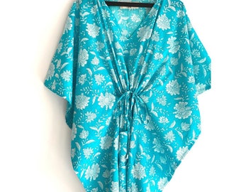 Kaftan Dress, Floral Kaftan, Blue Kaftan, Turquoise Dress, Cotton Dress, Beach Coverup, Nightgown, Maxi Dress, Midi dress, Short Dress