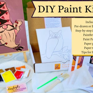 May include: DIY paint kit with a pre-drawn canvas featuring a gnome illustration, paint packets, paintbrushes, and step-by-step instructions. The kit includes a paper plate and paper towel. The text on the image says "DIY Paint Kits".