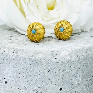 24k Gold Filled Sea Urchin Stud Earrings, Sterling Silver, Ocean Jewelry
