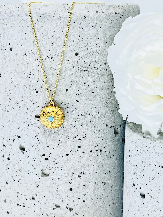 Gold Sea Pendant, 24K Gold Filled Chain Necklace , Gold Sea Urchin Necklace, Gold Gemstone Necklace, 925 Silver Necklace, Gifts for her