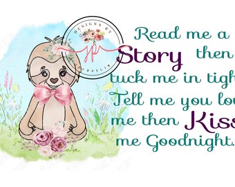 Magical sloth read me a story, tuck me in,  Reading pillow sublimation design, tote bag, printable art, png download.