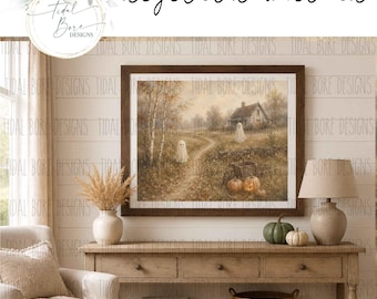 May include: A digital download featuring a framed landscape print of a rural scene with two white ghosts, a small house, a dirt path, and pumpkins. The artwork is displayed above a wooden console table with a lamp, a vase, and a basket.