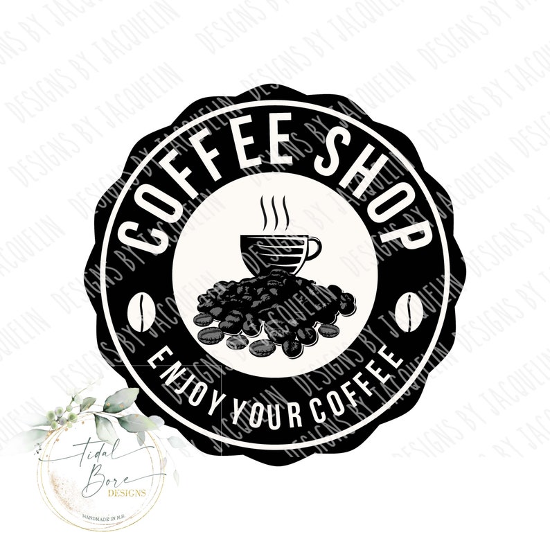 Op de afbeelding: Zwart-wit Coffee Shop logo met een koffiekopje, koffiebonen en de tekst "Enjoy Your Coffee". Het logo is cirkelvormig met een geschulpte rand en een koffieboon aan weerszijden.