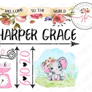 Baby girl birth stats, nursery, pink elephant, infant, pillow, blanket, blankie, binky, printable art,  PNG download, sublimation, clip art