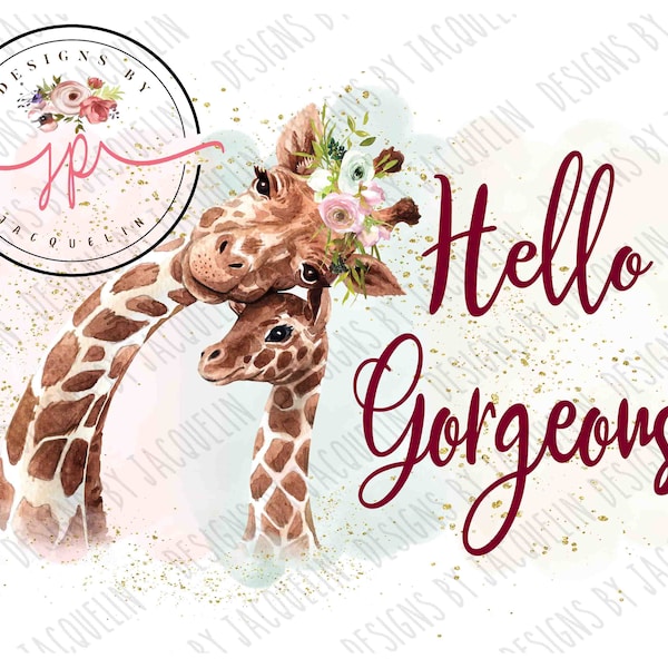 Giraffe hello gorgeous, mom & baby, animals, tote bag, t-shirt, printable art  - PNG downloadable file. Sublimation. Make up bag design