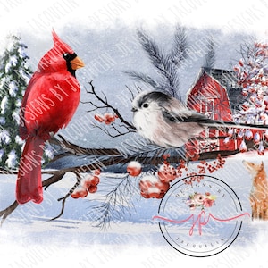 Bauernhaus rote Kardinal Weihnachtsszene, rote Scheune, Bauernhof, Wintervögel, Wasserschiebefolie PNG.  digitaler Download, Sublimation