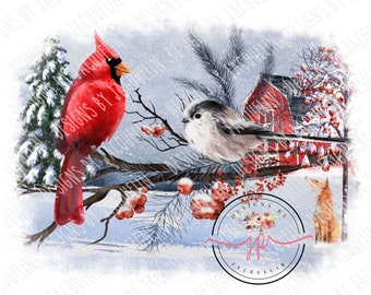 Könnte beinhalten: Eine Aquarellillustration einer Winterszene mit einem leuchtend roten Kardinal und einem kleinen grauen Vogel, der auf einem Ast mit roten Beeren sitzt. Eine rote Scheune und ein Fuchs befinden sich im Hintergrund, mit schneebedeckten Bäumen und einer verschneiten Landschaft.