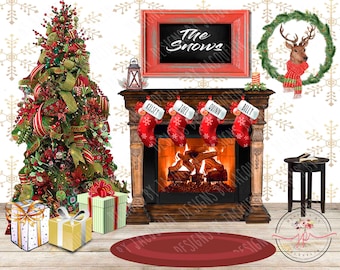 Personalizable realistic Christmas fireplace scene maker, stocking separate file, digital upload, sublimation