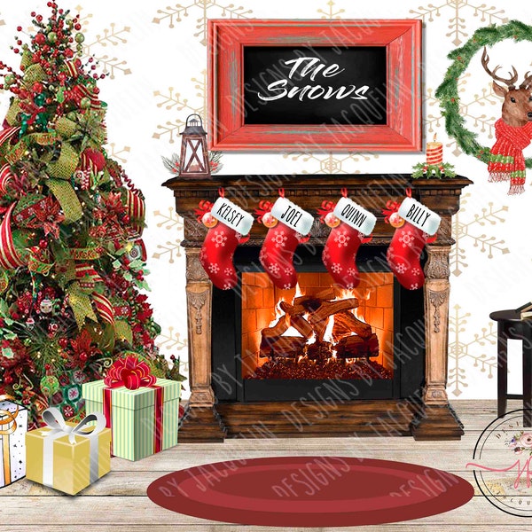 Personalizable realistic Christmas fireplace scene maker, stocking separate file, digital upload, sublimation