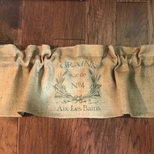 Farmhouse shabby grains, burlap feed sack country, valance / curtain.