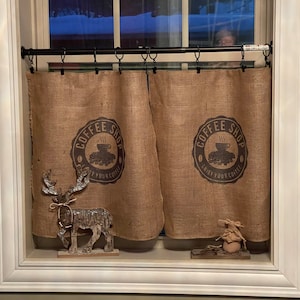 Includes 2 19 wide panels Farmhouse coffee kitchen burlap feed sack country, café curtain image 1