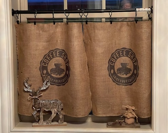Includes (2) 19” wide  panels Farmhouse coffee kitchen burlap feed sack country, café curtain