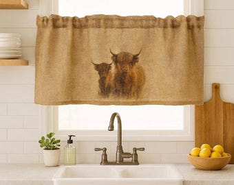 Farmhouse style, shabby, burlap sack, farm, farmer,  highland cow curtain, feed sack,  Kitchen Curtains, Window Treatments, kitchen valance