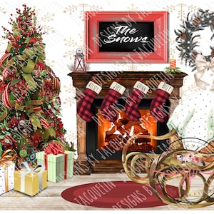 Personalizable realistic Christmas fireplace rocking chair scene maker, digital upload, sublimation