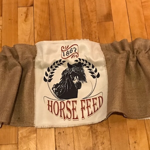 Horse feed, farm curtain. Farmhouse horse feed burlap sack country, valance / curtain.