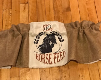 Horse feed, farm curtain. Farmhouse horse feed burlap sack country, valance / curtain.