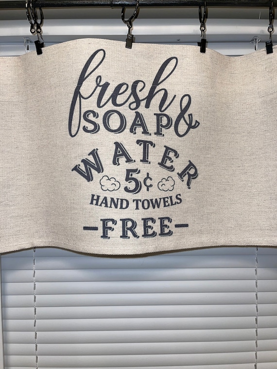 Farmhouse style, ranch, southern, bath, shabby, feed sack, drop cloth, bathroom valance, Bathroom Curtains , Window Treatments, valance