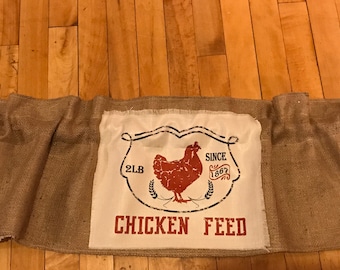 Farmhouse rooster chicken feed sack country, valance / curtain.