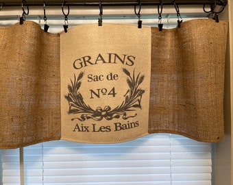 Farmhouse, shabby,  grains,  feed sack,  burlap,  sack country, valance, bathroom curtain, kitchen curtain, bedroom curtain, tire curtain