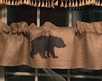 Approximately 39” wide Farmhouse bear, burlap feed sack country, valance / curtain.