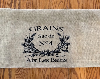 Farmhouse shabby grains, burlap feed sack country, valance / curtain.