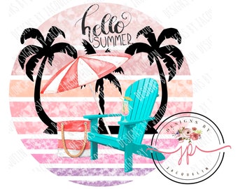 Hello Summer Beach chair, umbrella, retro sunset, palm tree, best friends, bridal shower, printable art, png, clip art, sublimation, digital