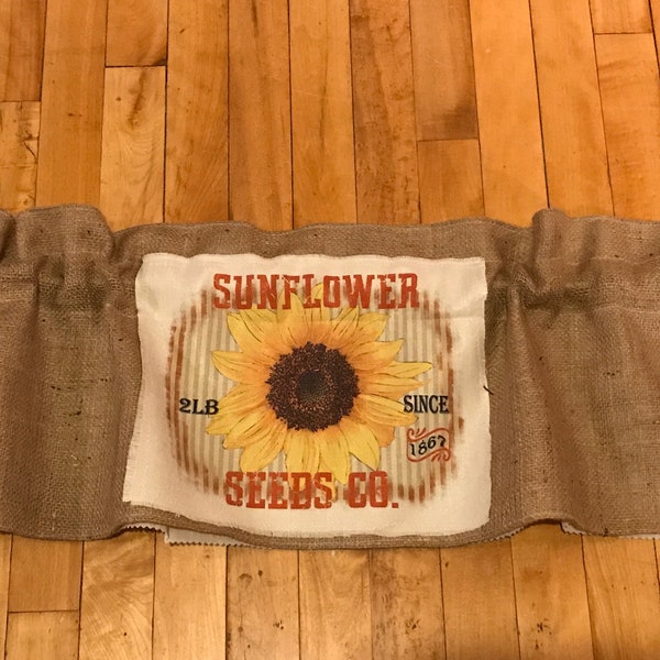 Southern curtain. Farmhouse country sunflower burlap feed sack farmhouse valance curtain