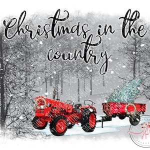 Kerstmis in het land, rode tractor, realistische scène afdrukbare kunst, instant digitale download, sublimatie