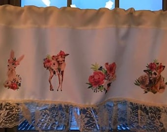 44" wide Woodland animals, deer, bunny rabbit, owl, fox  nursery valance / curtain, lace trim