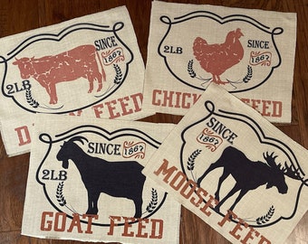 Farmhouse, country, feed sack, patch, each app. 9x11.5",  set of 4. Great for sewing on pillows or curtains etc!  free shipping