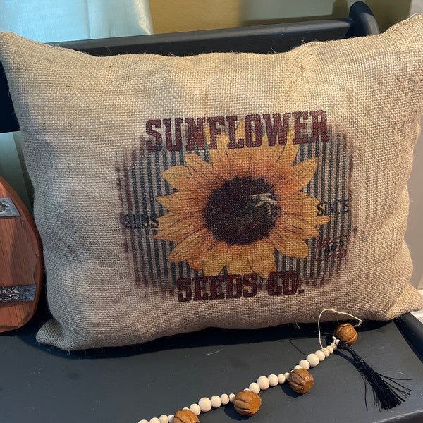 14.5x18.5" farmhouse burlap stuffed pillow.  honey bee, sunflower. Accent Pillows. Farmhouse Home Decor. Throw Pillow. New Home decor