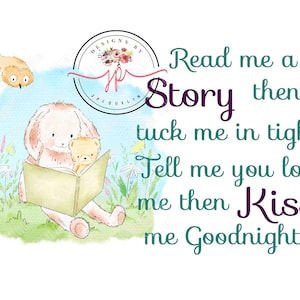 Read me a story, tuck me in woodland animal, bunny, bear, bird. Reading pillow sublimation design, png download.