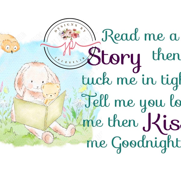 Read me a story, tuck me in woodland animal, bunny, bear, bird. Reading pillow sublimation design, png download.