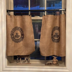 Includes 2 19 wide panels Farmhouse coffee kitchen burlap feed sack country, café curtain image 4