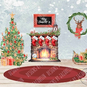 Personalizable Christmas fireplace scene maker, digital upload, sublimation