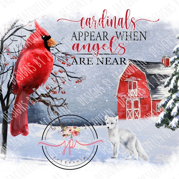 Farmhouse red cardinals appear when angels are near, red barn, farm, winter birds, memorial waterslide PNG.  digital sublimation