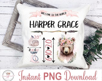 Baby girl birth stats, nursery, pink bear, infant, pillow, blanket, blankie, binky, printable art,  PNG download, sublimation, clip art