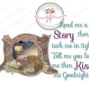 Read me a story, tuck me in sleeping bear Reading pillow sublimation design, printable art,  png download.