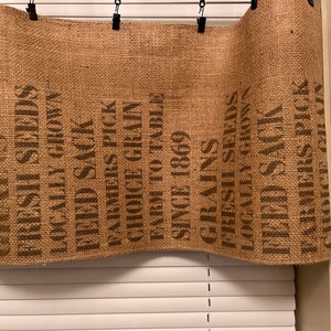 Farmhouse style shabby feed sack, burlap sack,  country valance, Tier Curtains, Kitchen Curtains, Bathroom Curtains , Window Treatments