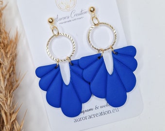 Royal Blue Earring Blue Polymer Clay Earring Cobalt Blue Earrings Blue Art Deco Earrings Blue Statement Earring Gold Blue Scallop Earrings