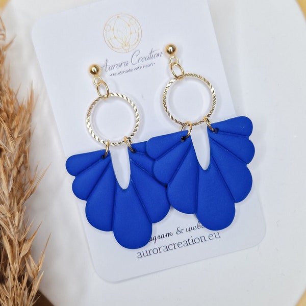 Royal Blue Earring Blue Polymer Clay Earring Cobalt Blue Earrings Blue Art Deco Earrings Blue Statement Earring Gold Blue Scallop Earrings