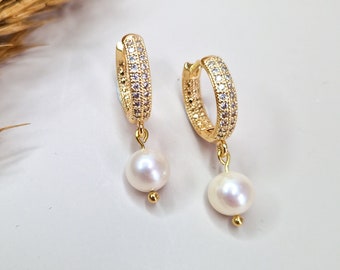 Hoop Zirconia Pearl Bridal Earrings Gold Zirconia Hoop Pearl Bridal Jewelry Bridal Pearl Earrings Zirconia Hoop Bridal Earring Zircon Gold